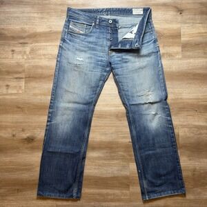 Diesel Larkee Jeans Men 32x29 Blue Straight Leg Distress Dirty Wash (Hemmed)
